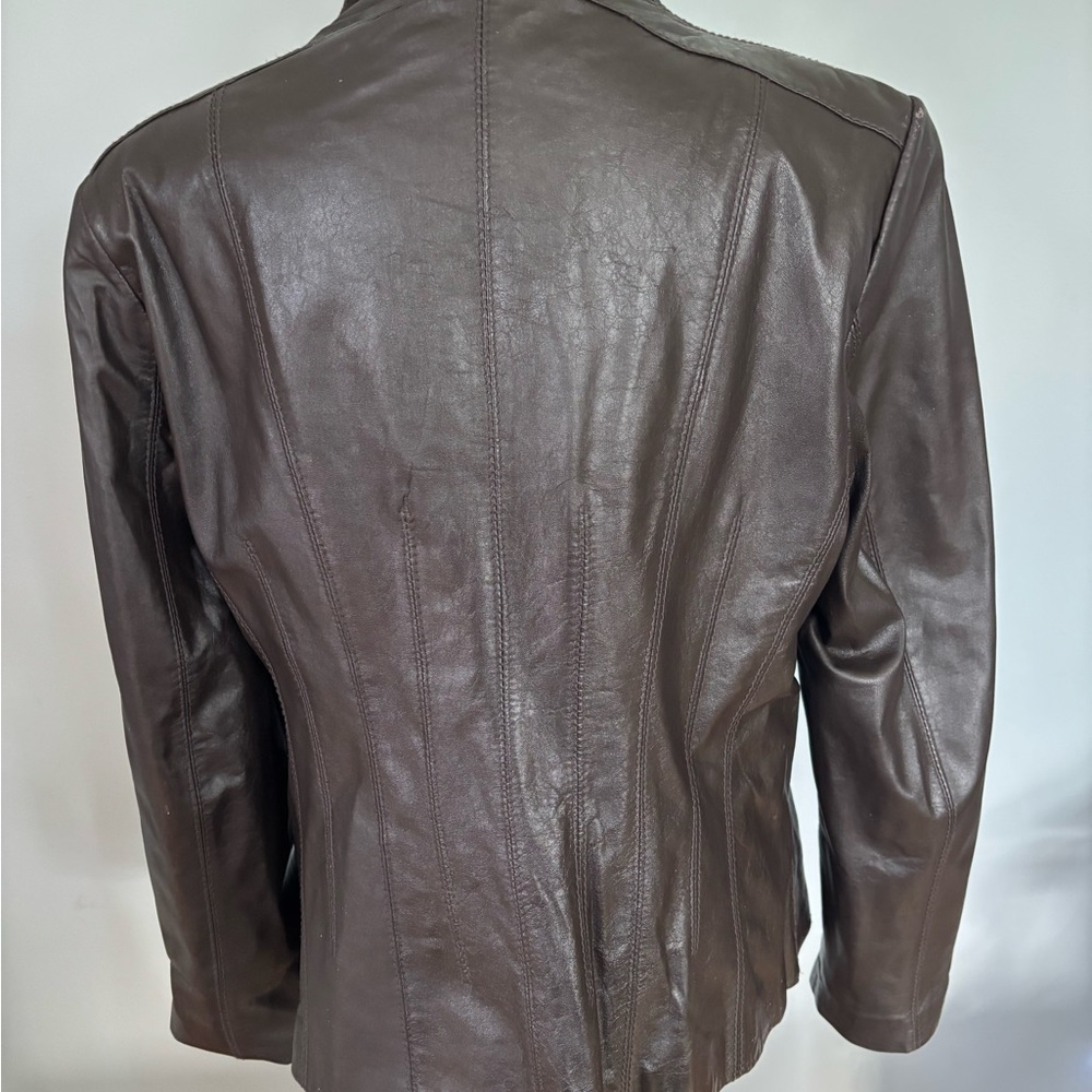 Tahari Dark Brown Collarless Leather Jacket - Picture 2 of 11